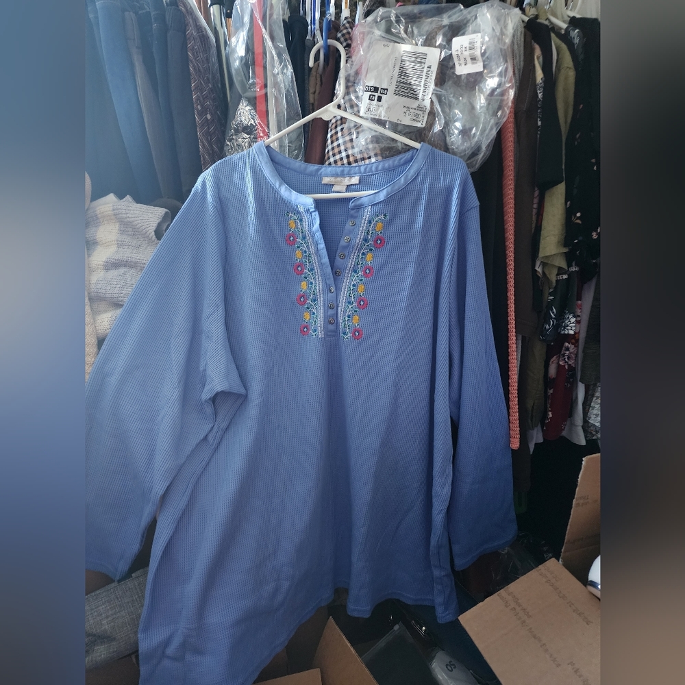 NWT Women Within a Blue Long Sleeve Flower Appliqued Button Top